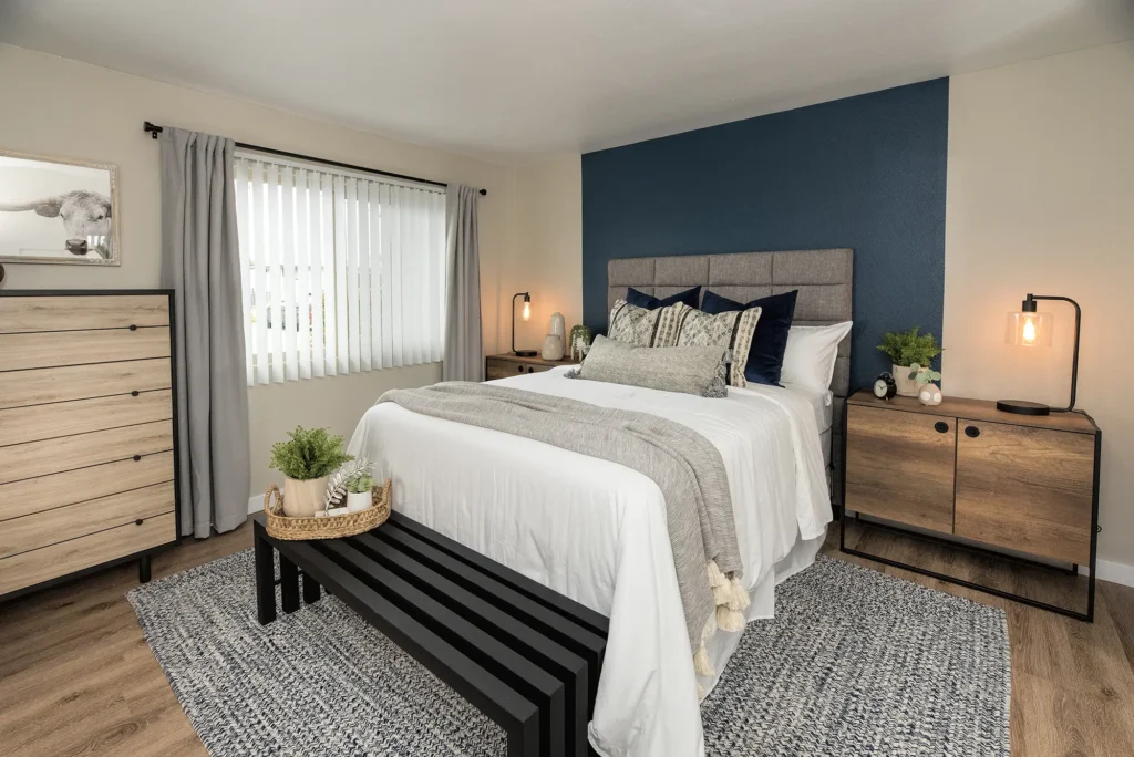 Modern bedroom in a one-bedroom apartment in Carmichael, CA at Westwood