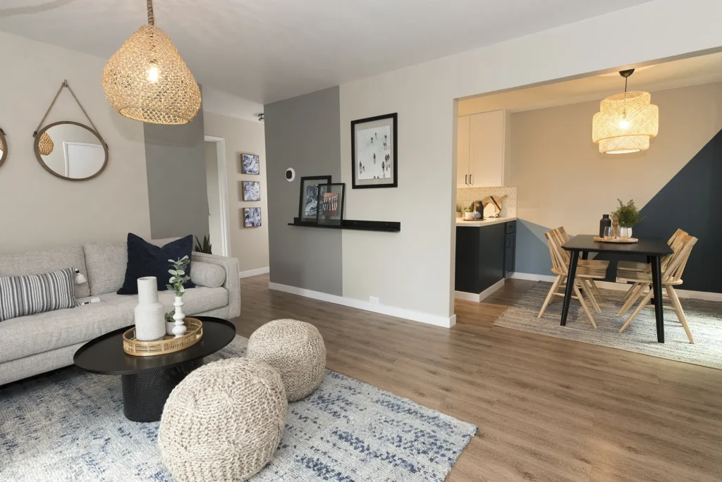 living room with view of dining area